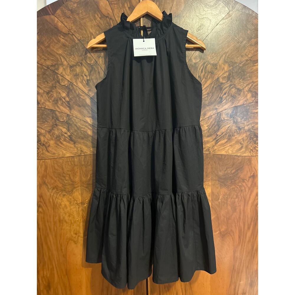 MONICA NERA Tiered Dress FEMININE SUSTAINABLE FASH Cotton NWT Sz XL Black Poplin - Picture 2 of 9